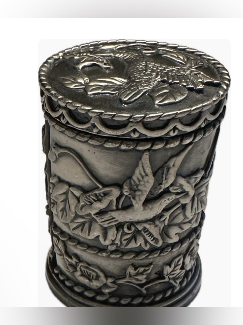 USPS  Vintage Hummingbird Embossed Coil Stamp Holder Silver Cylinder
